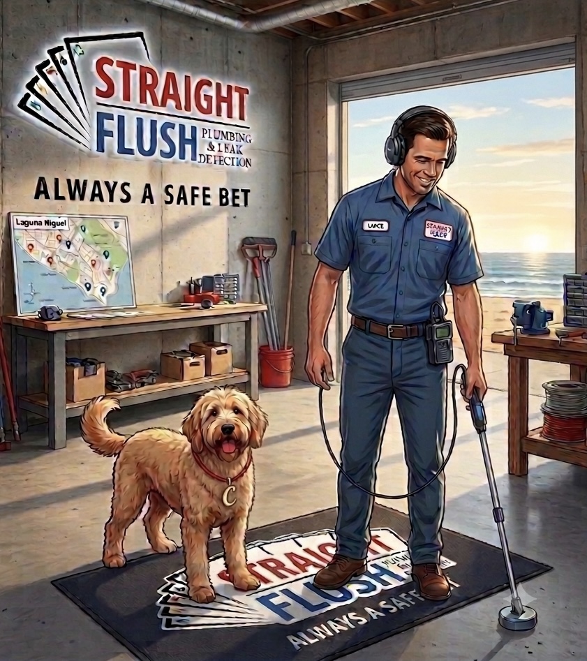 Lance, owner of Straight Flush Plumbing & Leak Detection, using acoustic detection equipment in Laguna Niguel with his Goldendoodle